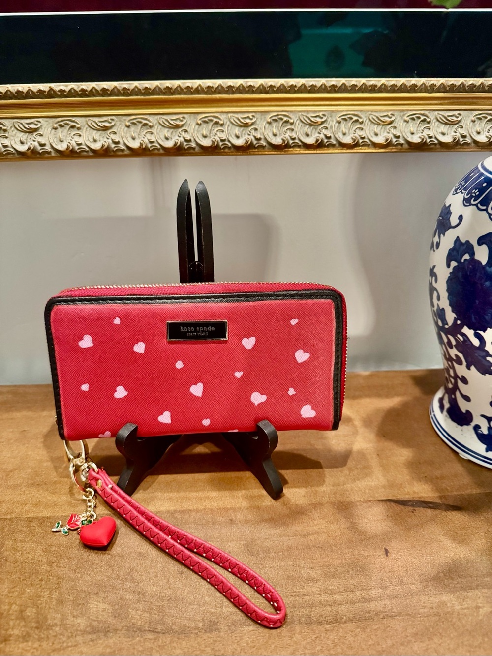 Kate Spade Saffiano Leather Red Wallet, Blush Pink Hearts and Pearl heart Charm
